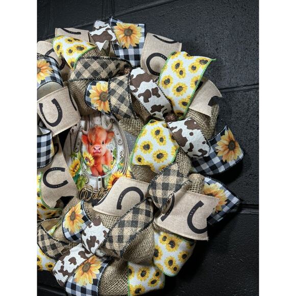 Handmade Burlap Wreath Farmhouse Highland Cow Fall Western Horseshoe 22 Inch - Picture 3 of 10